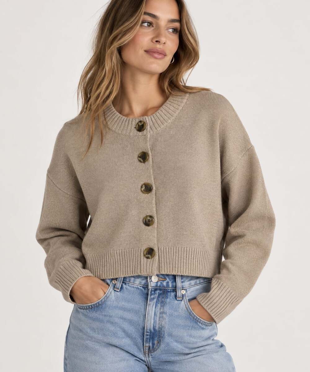 Quince Cardigan Sweater Size M Tan Knit Button Front